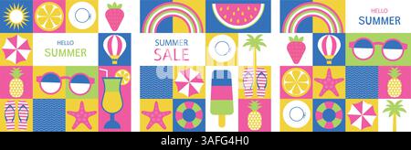 Set aus Sommerpostern, Bannern, Plakaten, Geschichten aus sozialen Medien und geometrischen Designvorlagen. Stock Vektor