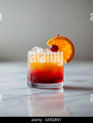 Erfrischender Cocktail in einem Glas mit leuchtenden Farben, garniert mit Kirsch und Orange Stockfoto