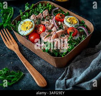 Frischer Thunfischsalat mit Gemüse, Kirschtomaten und gekochten Eiern in rustikaler Umgebung Stockfoto