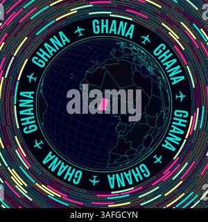 Ghana auf der Welt. Satellitenansicht der Welt mit Schwerpunkt Ghana. Leuchtender Neonstil. Futuristischer Radialziegelhintergrund. Stock Vektor