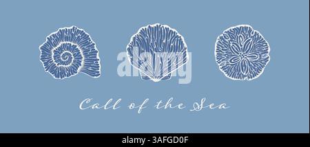 Stilisierte weiße Muschelabbildungen auf blauem Hintergrund mit Call of the Sea Zitat Stock Vektor