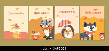 Niedliche Waldtiere im Herbstmotiv mit gemütlicher Atmosphäre für oktobergrüße. Herbstposter. Stock Vektor
