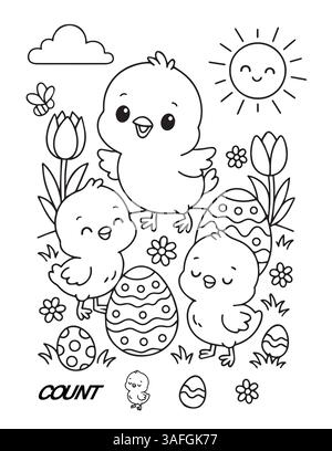 Niedliche Baby-Küken-Ausmalseite, Frühjahrs-osterarbeitsblatt für Vorschule, Kindergartenfarbe und Zählung. Vektorabbildung Stock Vektor