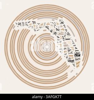 Runder Florida-Poster. Typographische Darstellung des Zustands. Grafschaften Wortwolken von Florida. Vintage-Design mit Kratzstruktur. Stock Vektor