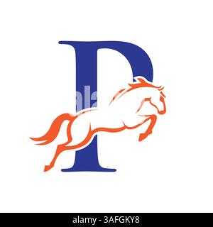 Initial Letter P Horse Logo Design Konzept mit springenden Pferdesymbolen Vektorvorlage Stock Vektor