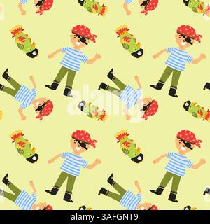 Verspieltes Piratenmuster mit lächelnden Kinderpiraten und bunten Papageien auf gelbem Hintergrund. Stock Vektor