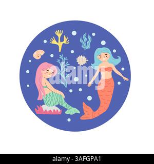 Zwei Cartoon-Meerjungfrauen in Unterwasserszene mit Muscheln und Korallen auf blauem Hintergrund. Stock Vektor