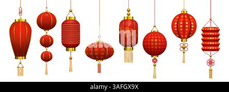 Chinesische Laternen. Asiatische 3D-Quaste mit floralen und geometrischen Mustern, goldenem und rotem porzellan oder japanischem Dekor. Japanisches Lampenfestival, Lichtformen. Rea Stock Vektor