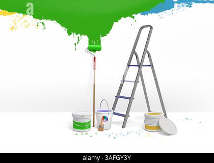 Hausmalerei. 3D-Wandreparatur. Dekorateurarbeit. Apartment-Reparatur. Zimmer renovieren. Leiter und Farbtöpfe. Werkzeuge zur Renovierung von Häusern. Professionelle Innenausstattung Stock Vektor
