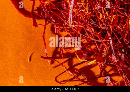 Leuchtend rote Safranfäden am rechten Rand isoliert auf orangem strukturiertem Hintergrund, helles Sonnenlicht, Kopierraum von oben nach unten Stockfoto