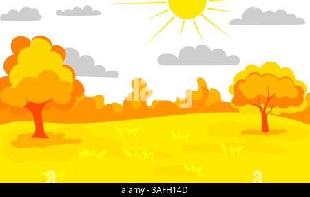 Helle und fröhliche Vektor-Illustration, die eine sonnige Landschaft mit gelben Feldern, Orangenbäumen und flauschigen Wolken darstellt. Ideal für die Natur Stock Vektor
