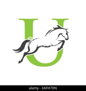 Initial Letter U Horse Logo Design Konzept mit springenden Pferdesymbolen Vektorvorlage Stock Vektor