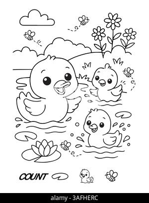 Niedliche Enten in einem Teich Ausmalseite druckbares Arbeitsblatt für Vorschulkinder mit Farb- und Zählaufgaben. Vektorabbildung Stock Vektor