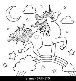 Cartoon-Einhorn, das auf einem Regenbogen läuft. Lineare Schwarzweißzeichnung. Isoliert auf weißem Hintergrund. Für die Gestaltung von Ausmalbüchern, Drucken, Stock Vektor