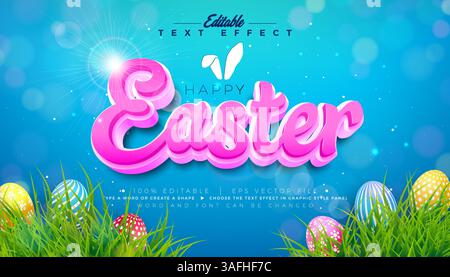 Happy Easter 3D Texteffekt Design. Editierbarer und skalierbarer Vektorgrafik-Effekt mit farbenfrohen Ei- und Typografie-Schriftzeichen Blau Stock Vektor