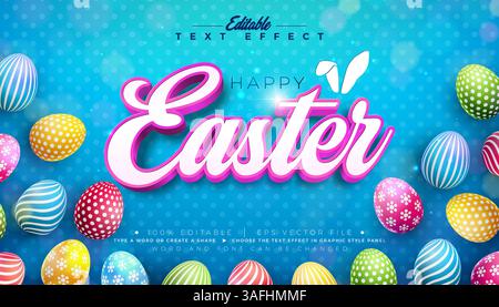 Happy Easter 3D Texteffekt Design. Editierbarer und skalierbarer Vektorgrafik-Effekt mit farbenfrohen Ei- und Typografie-Schriftzeichen Blau Stock Vektor