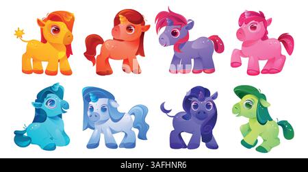 Niedliches Einhorn. Baby Girl Geburtstag Zeichentricktiere, fröhliche Zeichen mit Regenbogen, magische Märchen entzückendes Pferd. Leuchtende Tiere in verschiedenen Farben. Stock Vektor