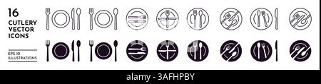 Geschirr-Symbol. Teller und Besteck für das Abendessen. Gabel, Messer oder Löffel zum Servieren. Lebensmittelpiktogramm. Mahlzeit essen. Mittagessen. Position der Essgeschirretikette. Linien- und Silhouettensymbol. Vektor-Geschirrstempel-Set Stock Vektor