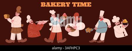 Bäckerei. Bäcker mit Brot, Charaktere in einer süßen Konditorei. Retro-Mann als Koch mit Schürze macht Kuchen, leckere Gebäckstücke und Kekse, Menschen backen Essen. Vektor-Kritzeleien, Cartoon-flache isolierte Illustration Stock Vektor