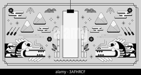 Dragon Boat Festival Vorlage im minimalen Stil. Drachenboot und Zongzi-Knödel. Chinesischer Text Dragon Boat Festival. Weihnachtsbanner, Karte Stock Vektor