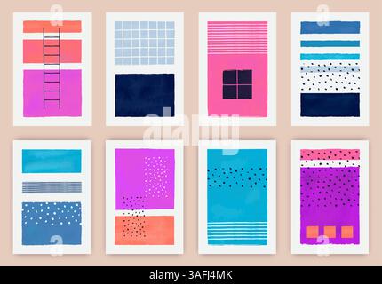 Abstraktes Poster. Farbfarbe. Horizont-Linie. Doodle House Fenster und Leiter. Maltextur. Pinselpunkte. Kindliche Meereslandschaft. Pinselstrich einfach g Stock Vektor