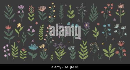 Botanische Illustration der Frühlingsfarbe Kreide mit handgezeichneten Wildblumen und Blättern in Pastelltönen. Wunderschönes Set mit Blumenmuster im Doodle-Stil und strukturiertem BH Stock Vektor