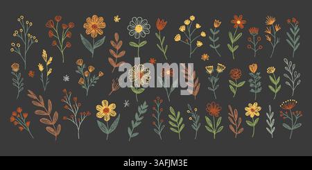 Set aus botanischen Elementen der Frühlingsfarbe Kreide. Buntstifte Blumen und Kräuter in verschiedenen Farben auf Tafel. Realistische Kreidezeichnungen. Vektorillustratio Stock Vektor