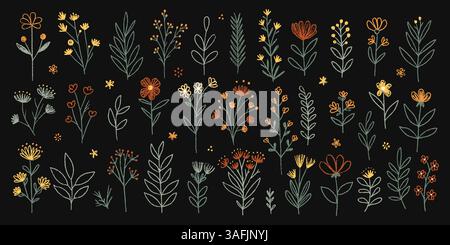 Set aus botanischen Elementen mit Kreide in Sommerfarben. Buntstifte Blumen und Kräuter auf Tafel. Verschiedene süße Kreidezeichnungen. Die handgezeichnete Vektordarstellung ist Stock Vektor