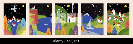 Abstrakter Wald. Haus und Bergwiese. Ländliche Landschaft. Naturpark. Geometrieformen. Nachthimmel. Frühling Erde und Baumdorf. Flussboot. Ju Stock Vektor