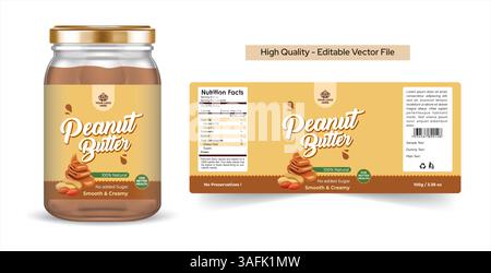 Etikettendesign für Erdnussbutter, hochwertiges Verpackungsdesign für Bio-Erdnussbutter. Abbildung auf dem Etikett mit Erdnussbutter und realistischem Glasgefäß Stock Vektor
