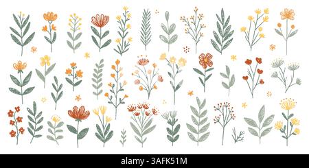 Frühlingskreide Blumen und Kräuter Illustration mit handgezeichneten Wildblumen in Gelb, Orange und Grün. Niedliches botanisches Set im Doodle-Stil mit strukturierten s Stock Vektor