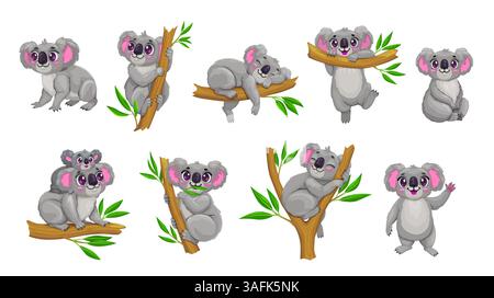 Cartoon-Set mit niedlichen Koalabären. Lustige australische Bärentiere auf Ästen. Fröhliche graue Koala-Charaktere essen Eukalyptusblätter, schlafen und winken die Pfote, tragen das Baby auf dem Rücken und ruhen sich aus Stock Vektor