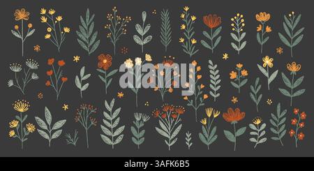 Set aus botanischen Elementen der Frühlingsfarbe Kreide. Buntstifte Blumen und Kräuter in verschiedenen Farben auf Tafel. Realistische Kreidezeichnungen. Vektorillustratio Stock Vektor