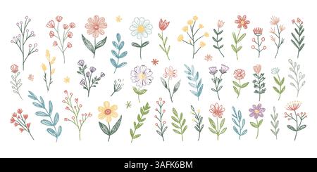 Frühlingskreide Blumen und Kräuter Illustration mit handgezeichneten Wildblumen in Blau, Rosa und Grün. Süße botanische Elemente im Doodle-Stil mit Text Stock Vektor