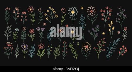 Botanische Illustrationen in Sommerfarben mit handgezeichneten Wildblumen und Blättern in Pastelltönen. Wunderschönes Blumenset im Doodle-Stil mit Textu Stock Vektor