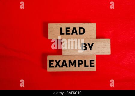 Führen Sie eine Beispielmeldung auf Holzblöcken auf rotem Hintergrund durch. Konzeptuelle Führung durch Beispielsymbol. Kopierbereich. Stockfoto