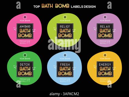 Wach, Detox, Frisch, Entlastung, Entspannen, Energy Bath Bomb Label Design Set von 6 Varianten editierbare Vektordatei Print Ready Packaging Stock Vektor