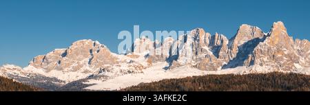 Schneebedeckte Dolomitengipfel und immergrüner Wald in Südtirol Stockfoto