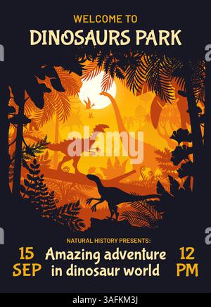 Dino Park Flyer oder Poster mit Dinosauriern im Jurassic Forest Dschungel, Vektor Hintergrund. Poster mit prähistorischen Eidechsen und Reptilien für Dinosaurier-Museum für Kinder mit Dino-Abenteuer oder Vergnügungspark Stock Vektor