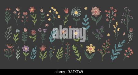 Botanische Illustration der Frühlingsfarbe Kreide mit handgezeichneten Wildblumen und Blättern in Pastelltönen. Wunderschönes Set mit Blumenmuster im Doodle-Stil und strukturiertem BH Stock Vektor