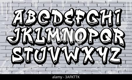 Graffiti-Schriftart oder Hip-Hop-Schriftart in Street Art, Schriftart mit Grunge-englischem Alphabet, Vektor-ABC. Schriftart im urbanen Stil mit Graffiti an der Wand für Old-School-Schriften, Rap-Musik oder Street-Hip-Hop Stock Vektor