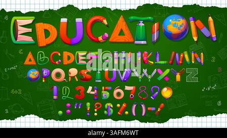 Kinder Bildung Schriftart, Schule und College Schriftart, Vektor kreative Typografie Typ. Englisches Zeichentrick-Alphabet oder Bildschrift des Buches, Lineal mit Bleistift und Radiergummi in lustiger Schulschrift Stock Vektor