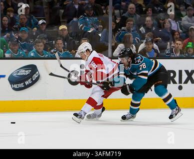 17. März 2012: Haie Forward Benn Ferriero kämpft um den Puck mit Redwings Forward Justin Addelkader während des NHL-Hockeyspiels zwischen den Detroit Red Wings und den San Jose Sharks im HP Pavilion in San Jose, CA. Die Haie besiegten die Redwings 3-2 in Überstunden. â© Damon Tarver/Cal Sport Media(Kreditbild: © Damon Tarver/Cal Sport Media/ZUMAPRESS.com) Stockfoto