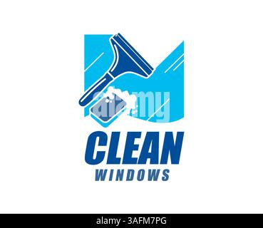 Symbol für den Windows-Wasch- und Reinigungsservice mit einem Wischer, der ein Glas mit einem Schwamm und Seifenblasen abwischt. Vektoremblem mit auffälliger, klarer Typografie betont Waschung und starke Markenidentität Stock Vektor