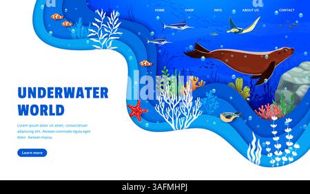 Papier geschnittene Landingpage mit Unterwasserlandschaft, Meerestieren und Fischen, Vektorvorlage. Unterwasser- und Unterwasserseite oder Webseite mit Comic Robben und Mantarochen, Seesternen und Marlin Stock Vektor