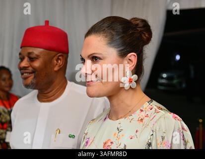 Abuja, Nigeria. April 2025. Swedens Kronprinzessin Victoria bei einem Empfang in der schwedischen Botschaft in Abuja in Verbindung mit der Kronprinzessin, die am 07. april 2025 einen dreitägigen offiziellen Besuch in Afrikas bevölkerungsreichstem Land in Abuja, Nigeria, antrat.Foto: Jonas Ekströmer/TT/Code 10030 Credit: TT News Agency/Alamy Live News Stockfoto