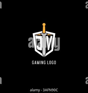 JV-Schriftzug mit Schild und Schwert inspirierter Vektorgrafik Stock Vektor