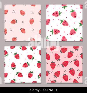 Nahtlose Erdbeermuster. Gruppe von Vektorhintergründen. Sammlung von Drucken mit Aquarellerdbeeren Stock Vektor