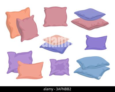 Set aus farbenfrohen Kissen im flachen Cartoon-Stil. Schlafkissen im Bett. Illustration des Vektorkissens Stock Vektor