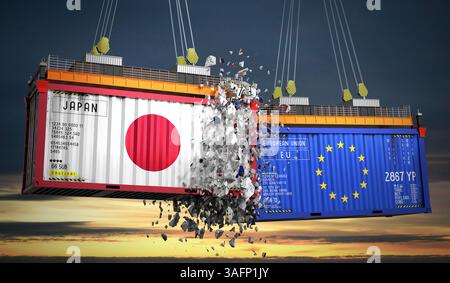 Frachtcontainer mit Flaggen Japans und der Europäischen Union – 3D-Illustration Stockfoto